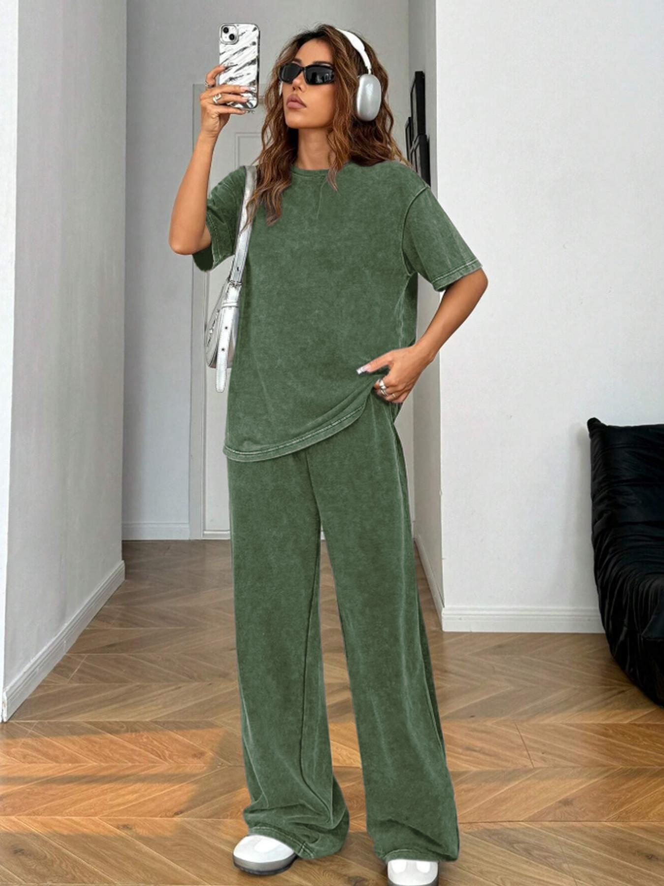 Women's Acid-Wash Vintage Street-Style 2-Piece Cotton Set