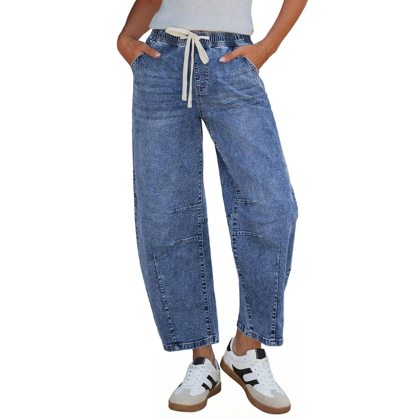 Women's Barrel Jeans, High-Rise Elastic Waist Cropped Wide Leg Jeans, Cotton Flex Magic Stretch Denim Pants for Daily Chill Wear