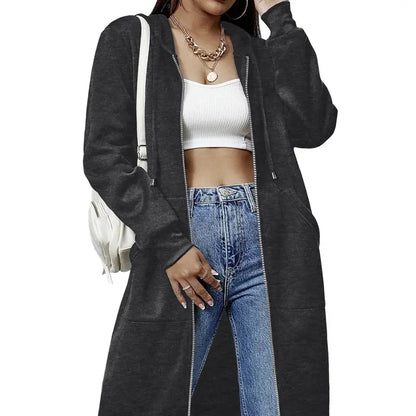 Women's Long Zip Up Fleece Hoodie Jacket - Casual Oversized Hooded Sweatshirt with Front Pockets, Soft Warm Tunic Length Coat