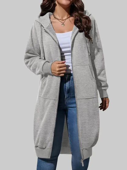 Women's Long Zip Up Fleece Hoodie Jacket - Casual Oversized Hooded Sweatshirt with Front Pockets, Soft Warm Tunic Length Coat