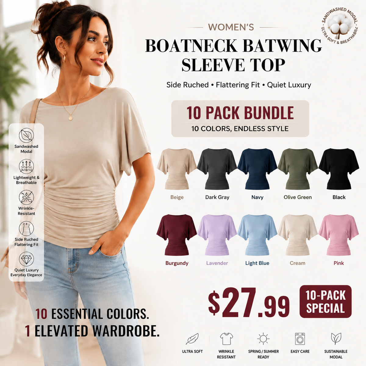 Women's Boatneck Batwing Sleeve Top