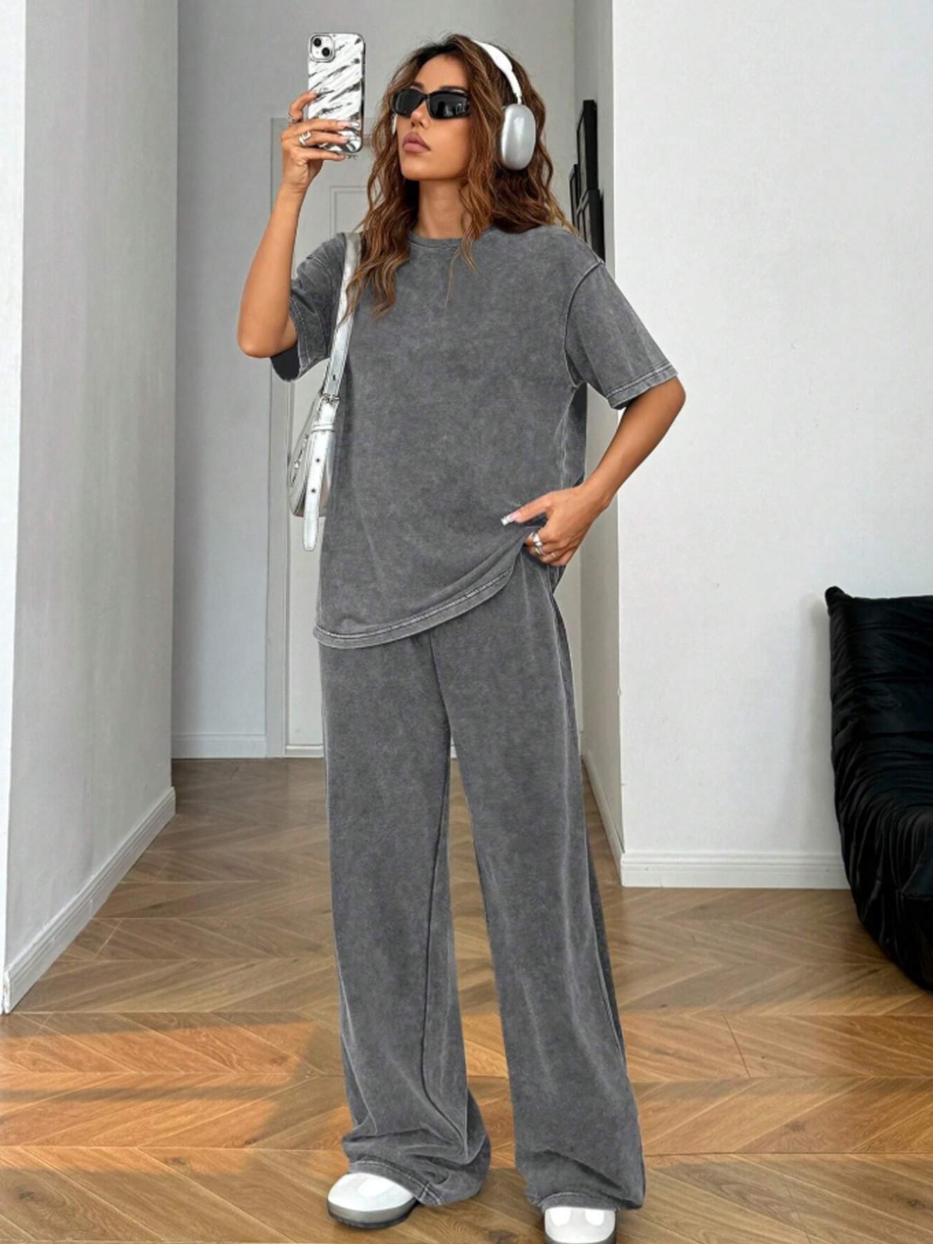 Women's Acid-Wash Vintage Street-Style 2-Piece Cotton Set