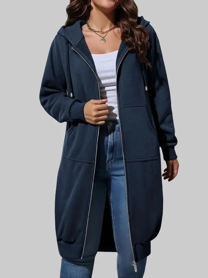 Women's Long Zip Up Fleece Hoodie Jacket - Casual Oversized Hooded Sweatshirt with Front Pockets, Soft Warm Tunic Length Coat