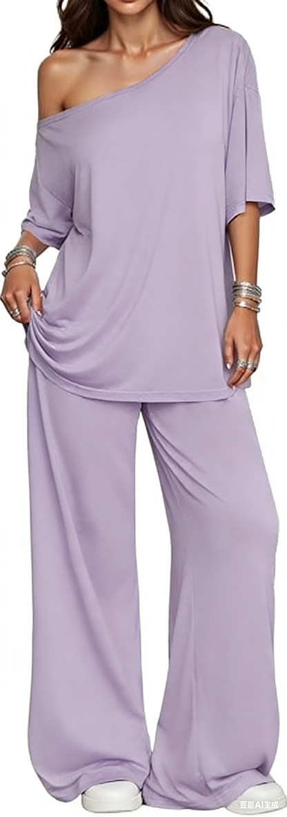 Women's 2-Piece Set-Shoulder T-Shirt And Wide Leg Pants Two Pieces Outfits