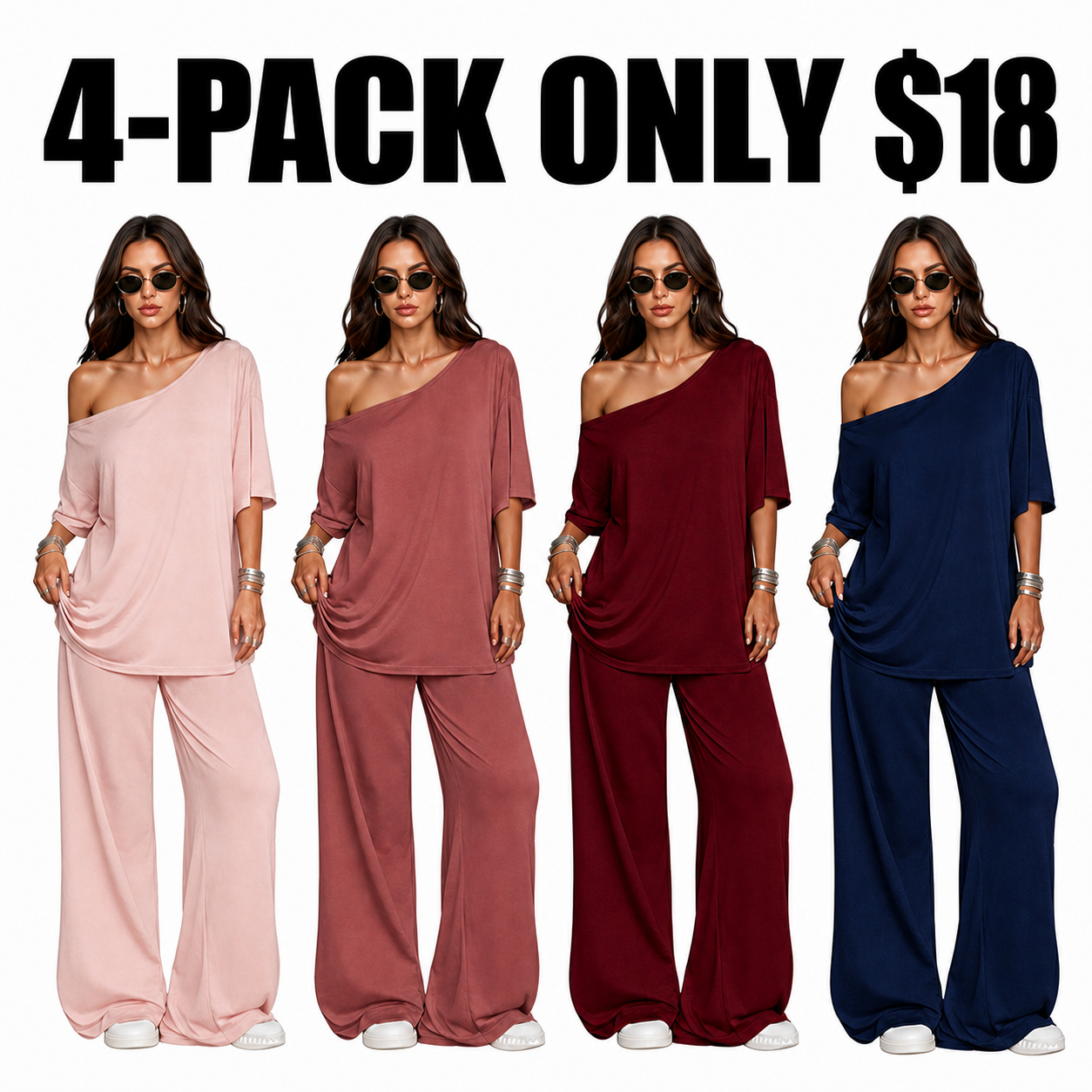 Women's 2-Piece Set-Shoulder T-Shirt And Wide Leg Pants Two Pieces Outfits
