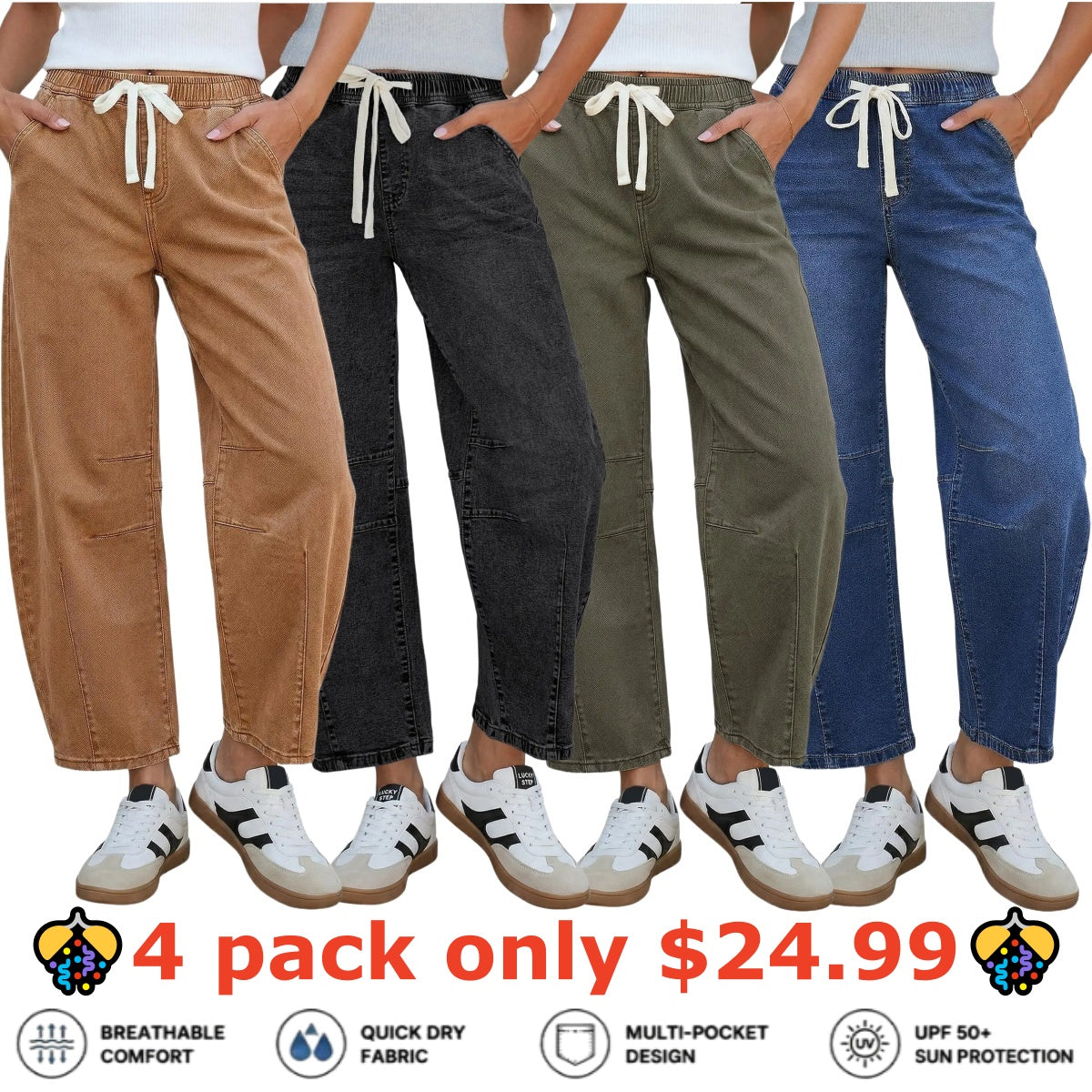 Women's Barrel Jeans, High-Rise Elastic Waist Cropped Wide Leg Jeans, Cotton Flex Magic Stretch Denim Pants for Daily Chill Wear