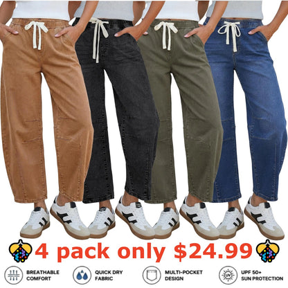Women's Barrel Jeans, High-Rise Elastic Waist Cropped Wide Leg Jeans, Cotton Flex Magic Stretch Denim Pants for Daily Chill Wear