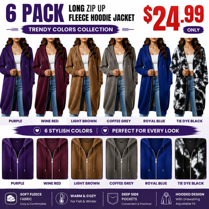 Women's Long Zip Up Fleece Hoodie Jacket - Casual Oversized Hooded Sweatshirt with Front Pockets, Soft Warm Tunic Length Coat