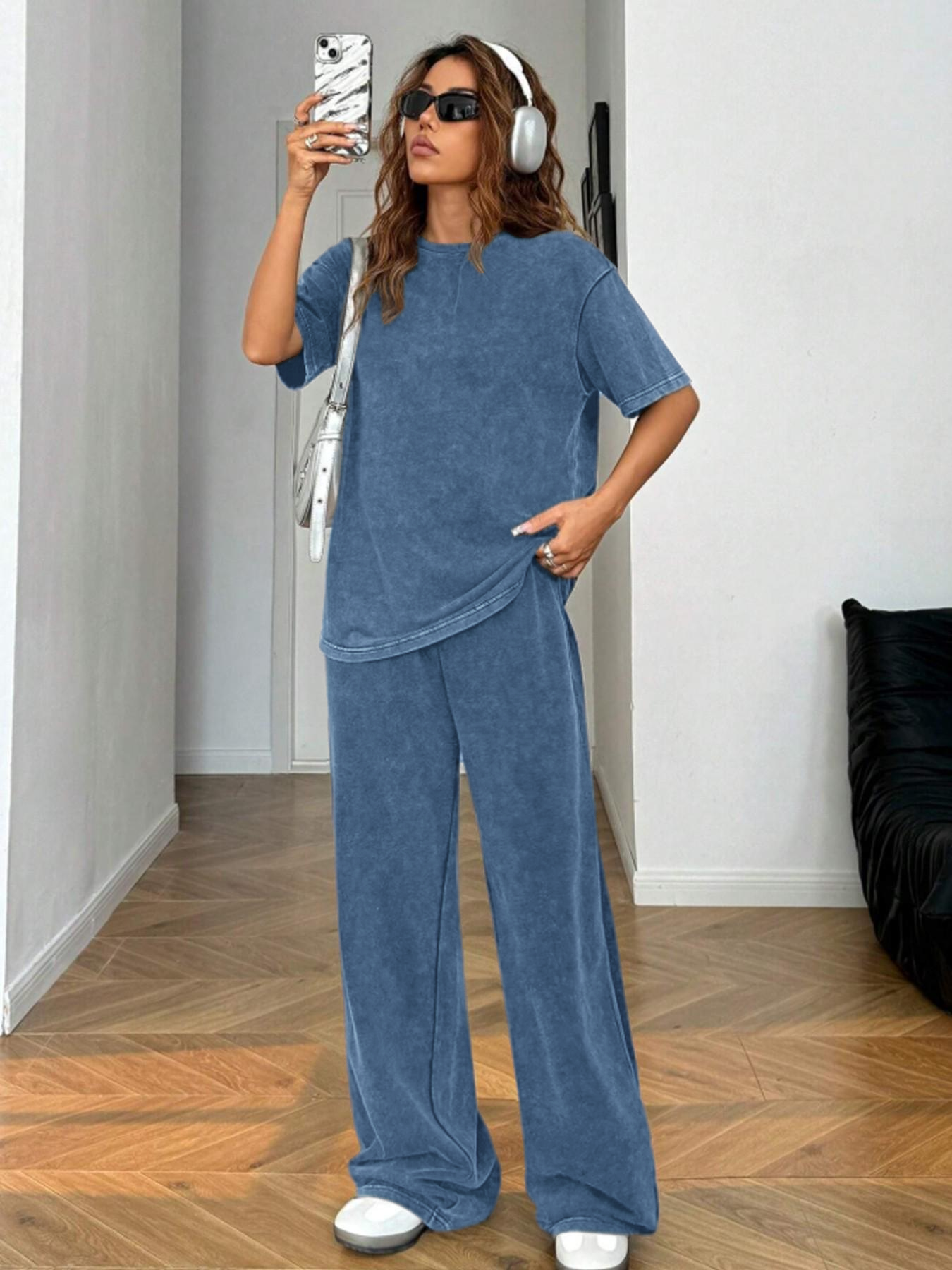 Women's Acid-Wash Vintage Street-Style 2-Piece Cotton Set
