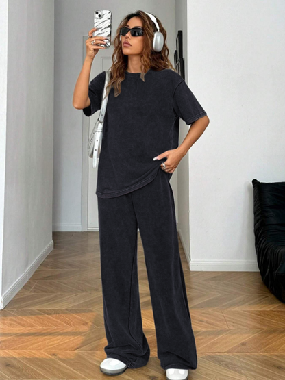 Women's Acid-Wash Vintage Street-Style 2-Piece Cotton Set
