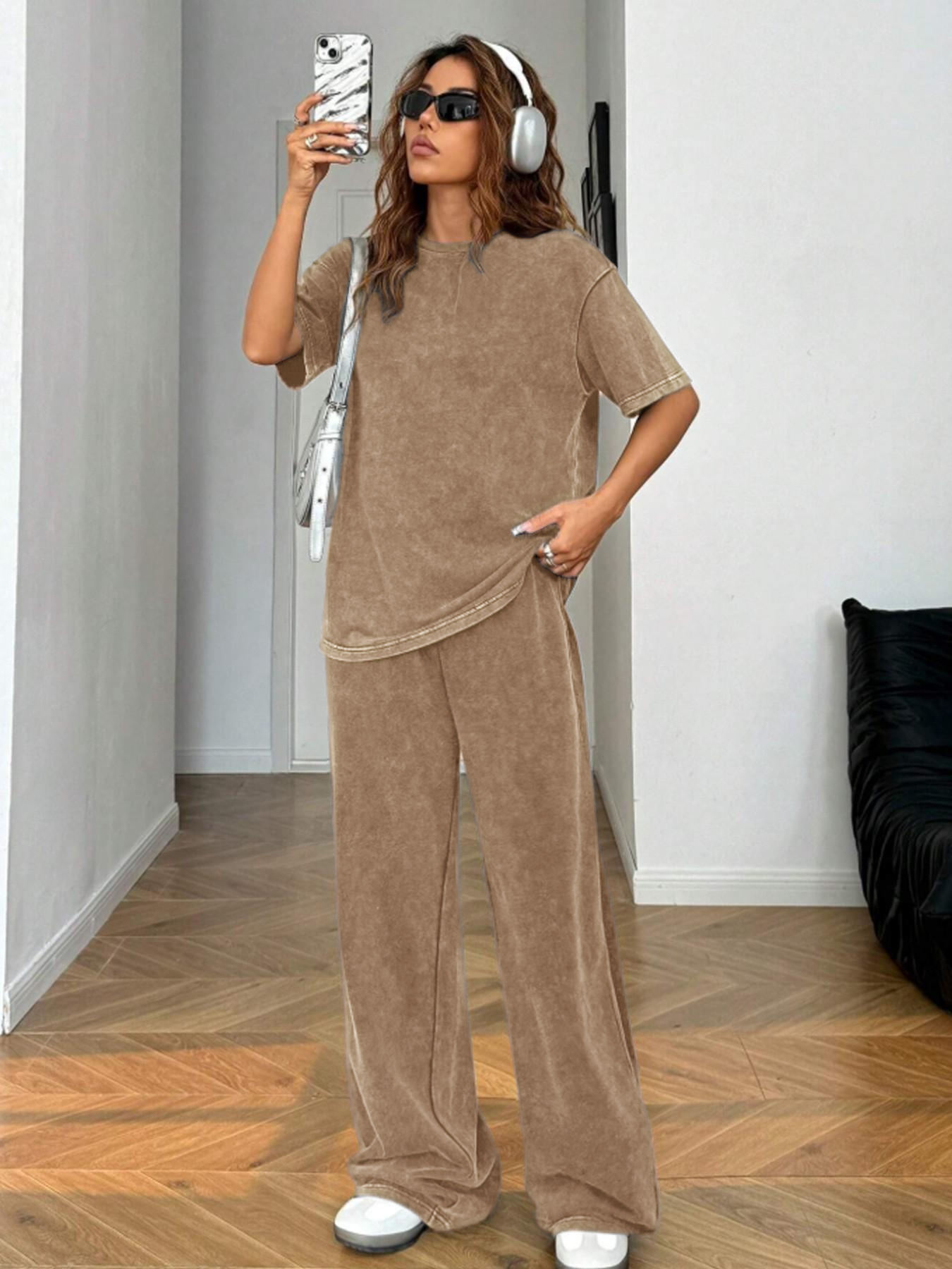Women's Acid-Wash Vintage Street-Style 2-Piece Cotton Set