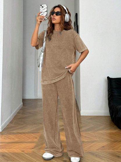 Women's Acid-Wash Vintage Street-Style 2-Piece Cotton Set