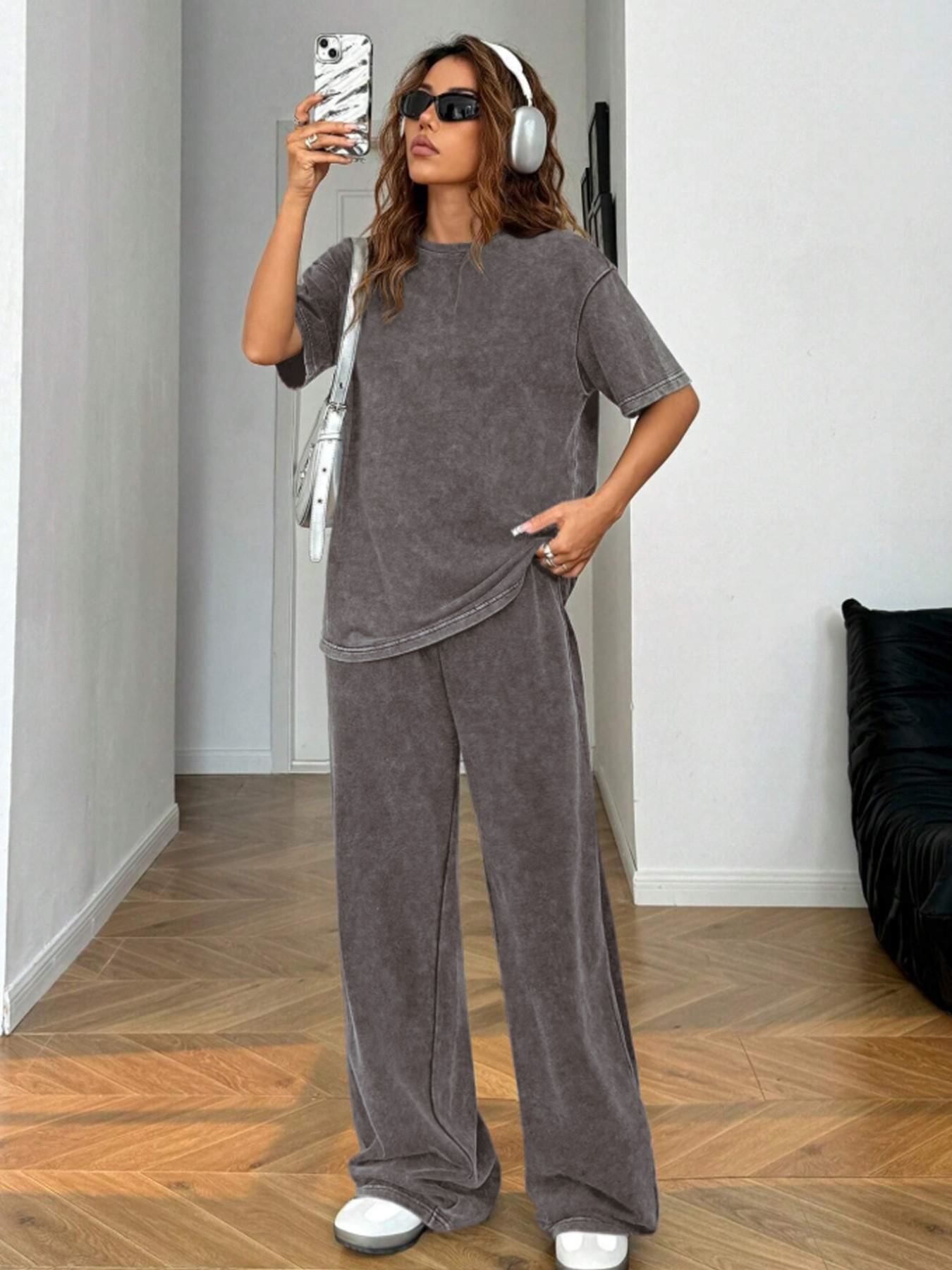 Women's Acid-Wash Vintage Street-Style 2-Piece Cotton Set