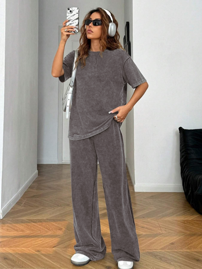 Women's Acid-Wash Vintage Street-Style 2-Piece Cotton Set
