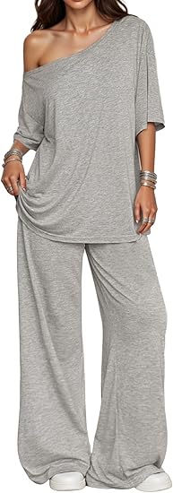 Women's 2-Piece Set-Shoulder T-Shirt And Wide Leg Pants Two Pieces Outfits
