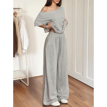 Women's 2-Piece Set-Shoulder T-Shirt And Wide Leg Pants Two Pieces Outfits