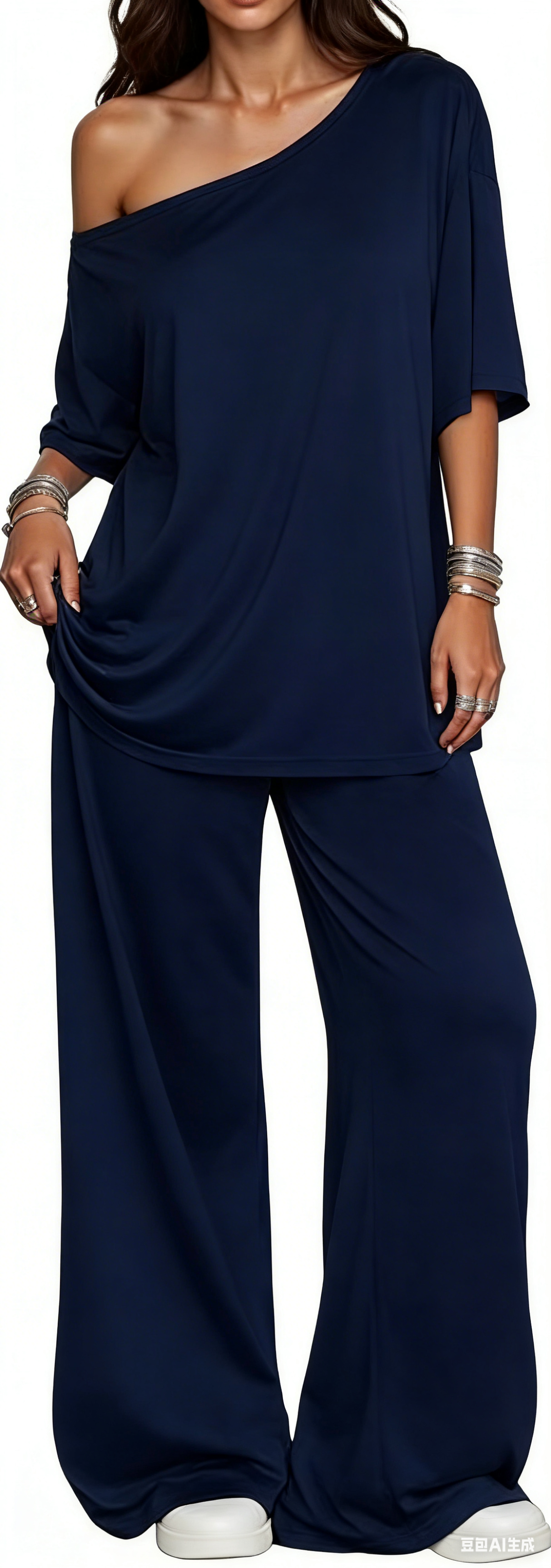 Women's 2-Piece Set-Shoulder T-Shirt And Wide Leg Pants Two Pieces Outfits