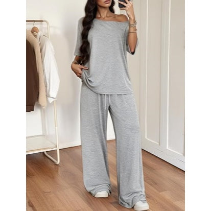 Women's 2-Piece Set-Shoulder T-Shirt And Wide Leg Pants Two Pieces Outfits