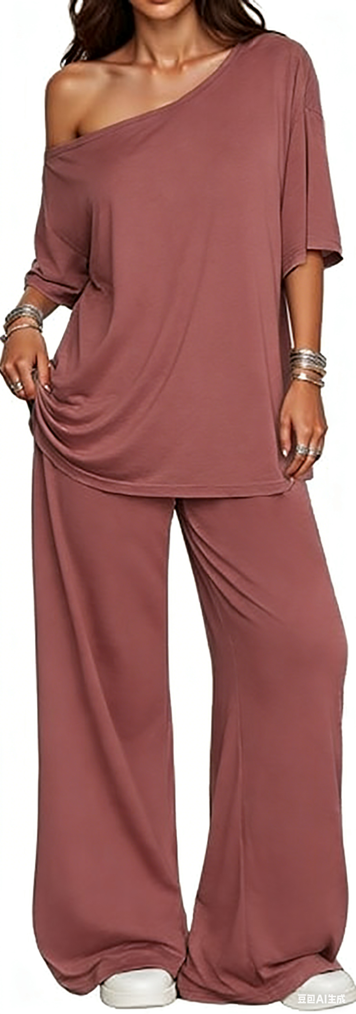 Women's 2-Piece Set-Shoulder T-Shirt And Wide Leg Pants Two Pieces Outfits