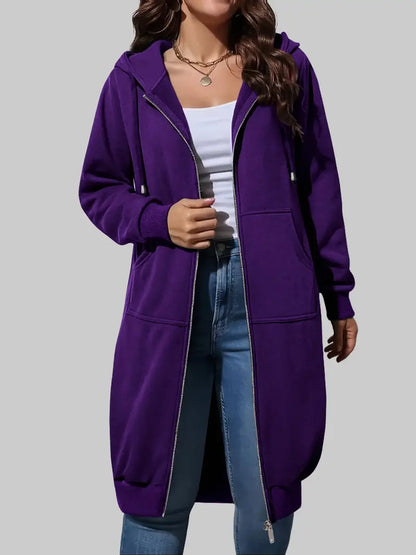 Women's Long Zip Up Fleece Hoodie Jacket - Casual Oversized Hooded Sweatshirt with Front Pockets, Soft Warm Tunic Length Coat