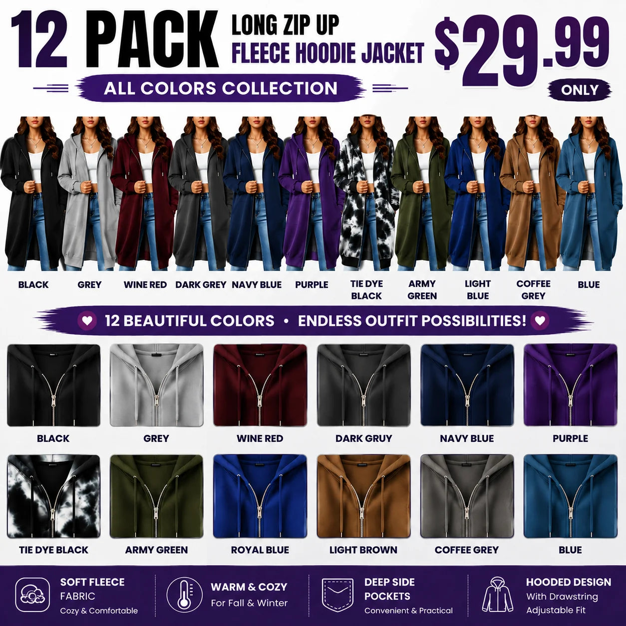 Women's Long Zip Up Fleece Hoodie Jacket - Casual Oversized Hooded Sweatshirt with Front Pockets, Soft Warm Tunic Length Coat