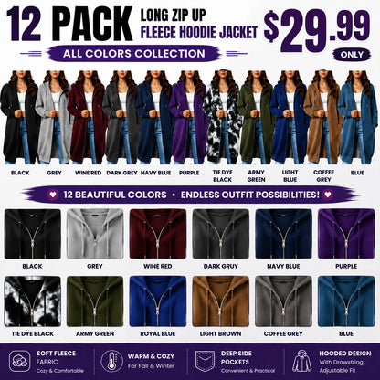 Women's Long Zip Up Fleece Hoodie Jacket - Casual Oversized Hooded Sweatshirt with Front Pockets, Soft Warm Tunic Length Coat