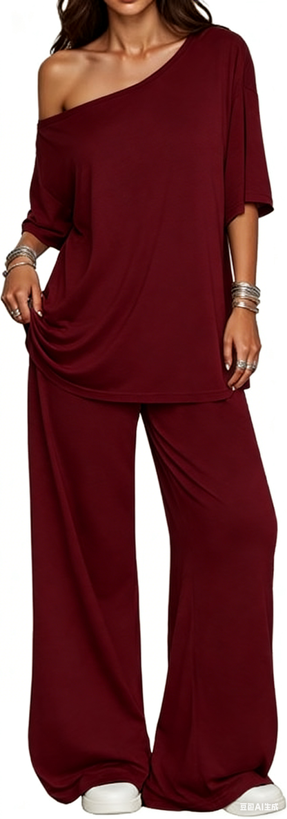 Women's 2-Piece Set-Shoulder T-Shirt And Wide Leg Pants Two Pieces Outfits