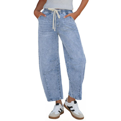 Women's Barrel Jeans, High-Rise Elastic Waist Cropped Wide Leg Jeans, Cotton Flex Magic Stretch Denim Pants for Daily Chill Wear