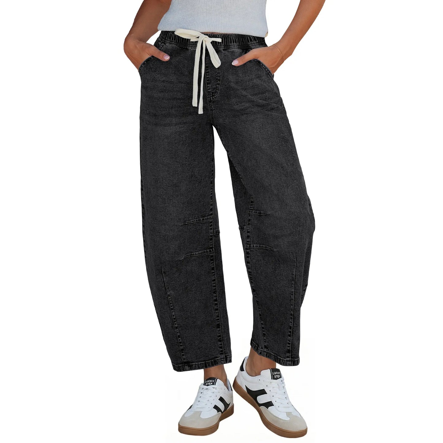 Women's Barrel Jeans, High-Rise Elastic Waist Cropped Wide Leg Jeans, Cotton Flex Magic Stretch Denim Pants for Daily Chill Wear