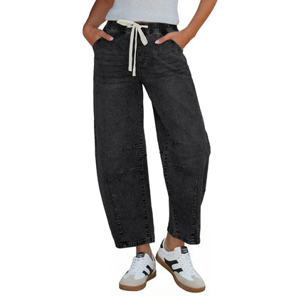 Women's Barrel Jeans, High-Rise Elastic Waist Cropped Wide Leg Jeans, Cotton Flex Magic Stretch Denim Pants for Daily Chill Wear