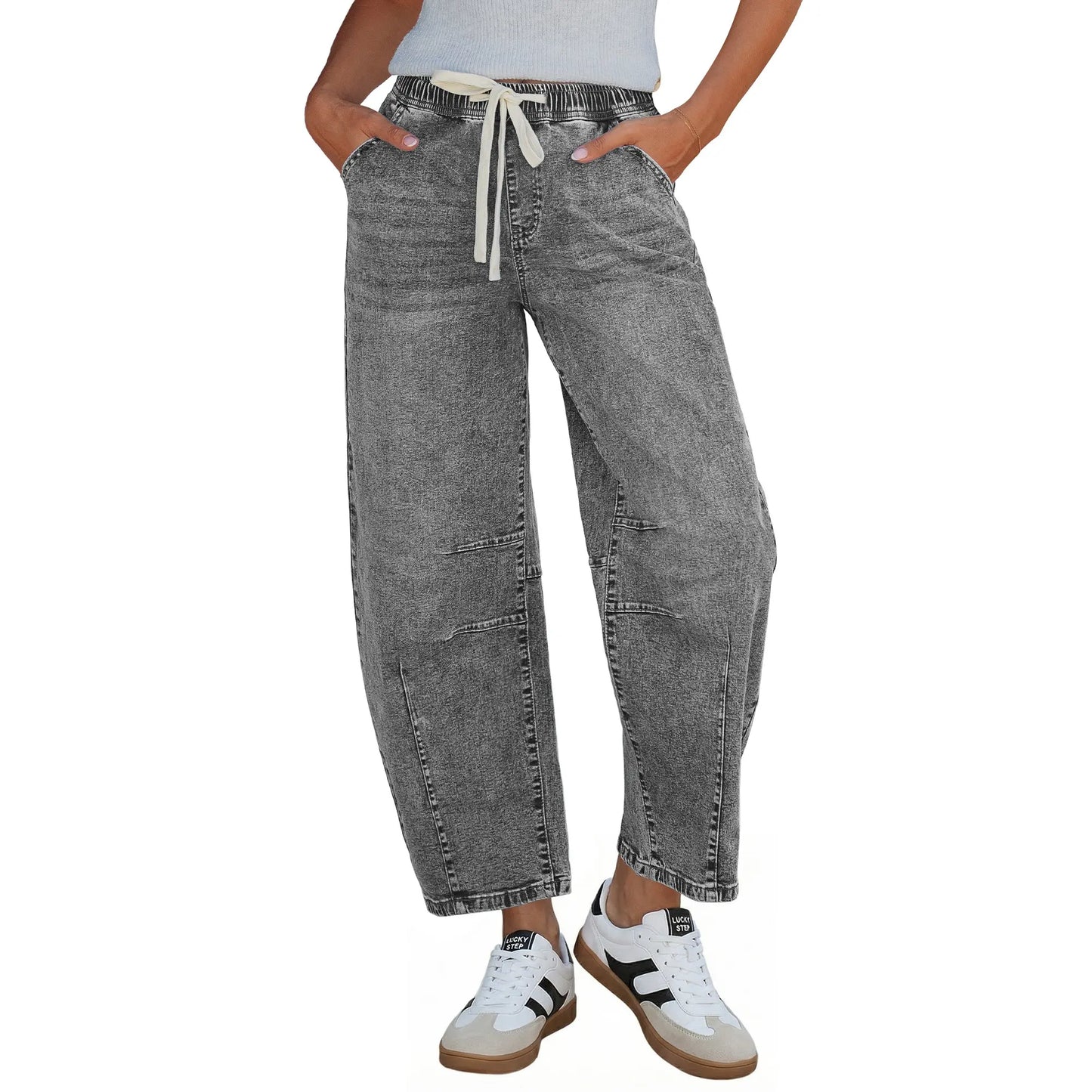 Women's Barrel Jeans, High-Rise Elastic Waist Cropped Wide Leg Jeans, Cotton Flex Magic Stretch Denim Pants for Daily Chill Wear