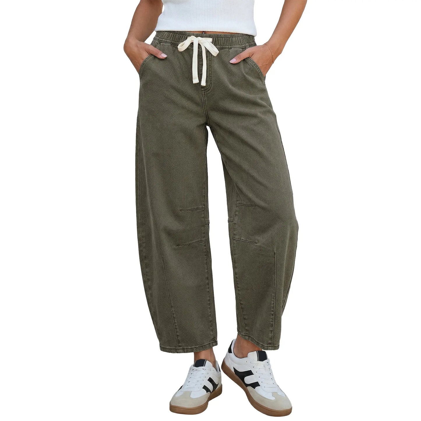 Women's Barrel Jeans, High-Rise Elastic Waist Cropped Wide Leg Jeans, Cotton Flex Magic Stretch Denim Pants for Daily Chill Wear