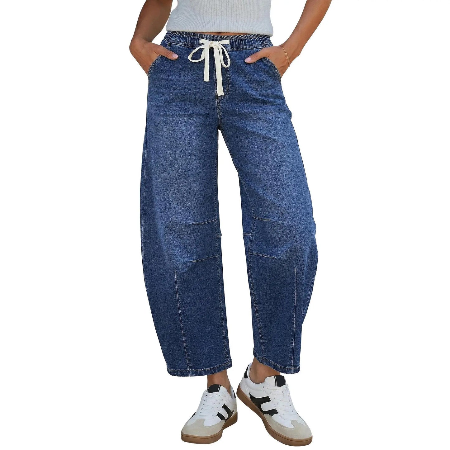 Women's Barrel Jeans, High-Rise Elastic Waist Cropped Wide Leg Jeans, Cotton Flex Magic Stretch Denim Pants for Daily Chill Wear