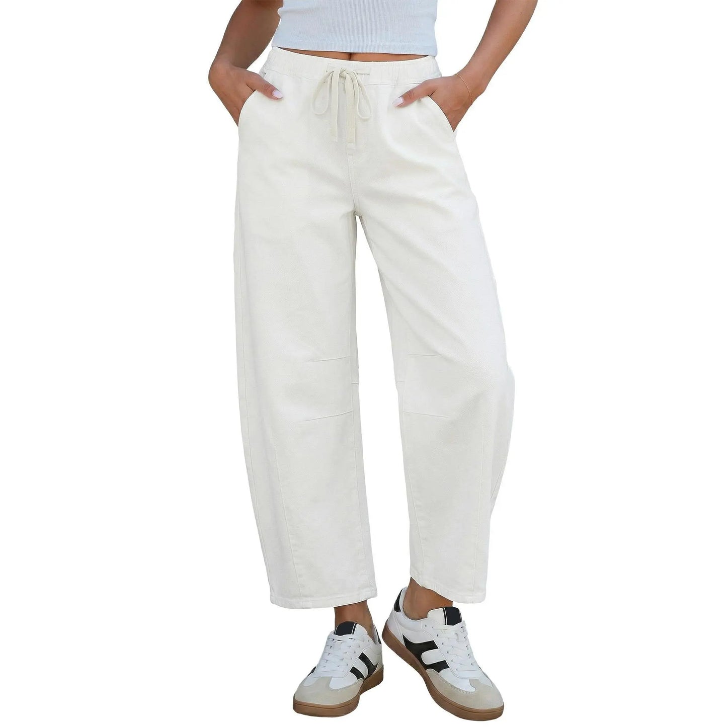 Women's Barrel Jeans, High-Rise Elastic Waist Cropped Wide Leg Jeans, Cotton Flex Magic Stretch Denim Pants for Daily Chill Wear