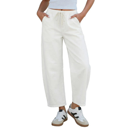 Women's Barrel Jeans, High-Rise Elastic Waist Cropped Wide Leg Jeans, Cotton Flex Magic Stretch Denim Pants for Daily Chill Wear