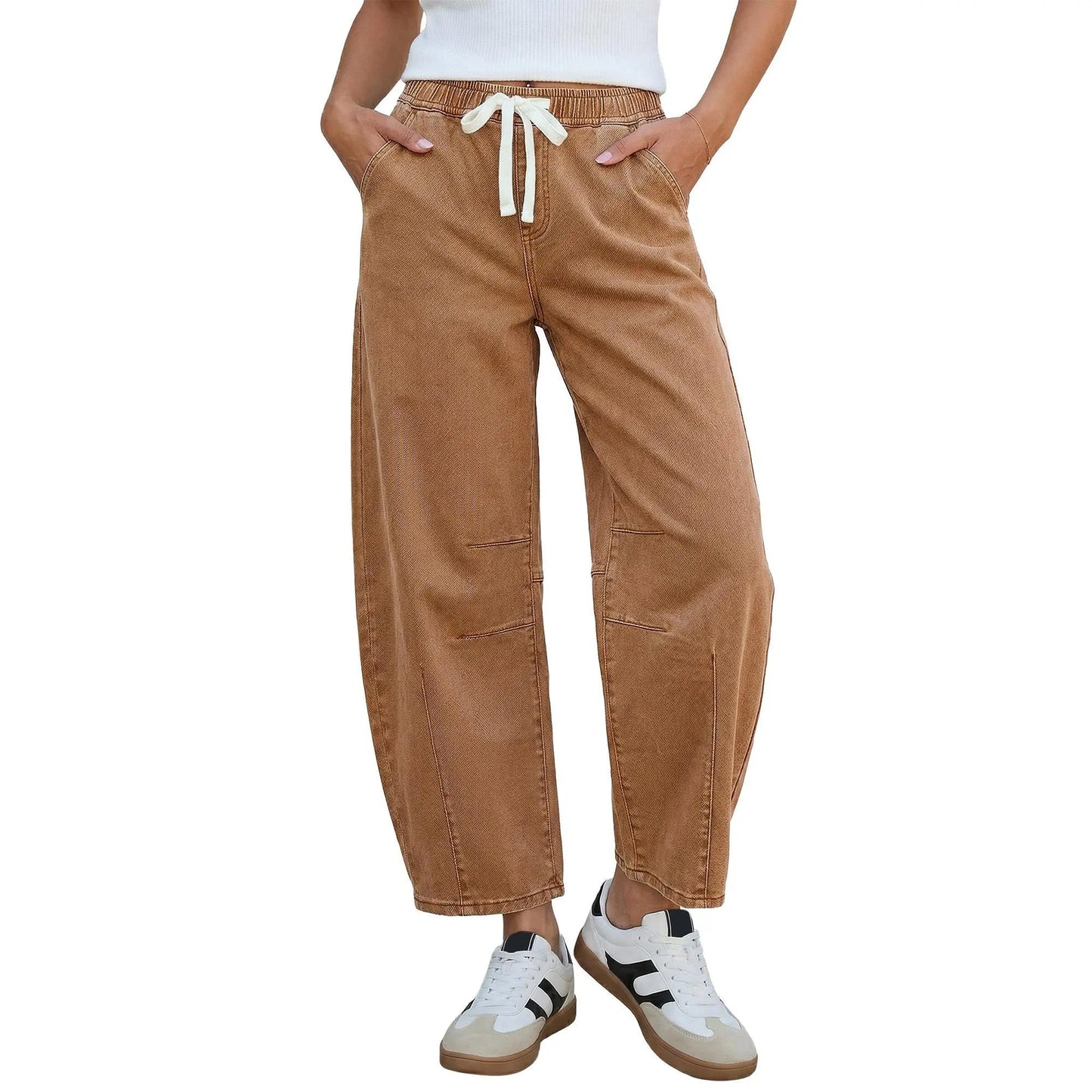 Women's Barrel Jeans, High-Rise Elastic Waist Cropped Wide Leg Jeans, Cotton Flex Magic Stretch Denim Pants for Daily Chill Wear