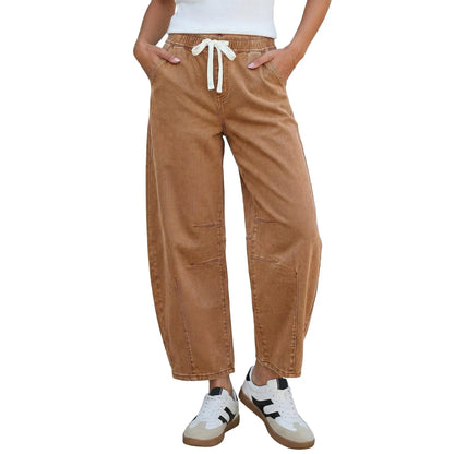 Women's Barrel Jeans, High-Rise Elastic Waist Cropped Wide Leg Jeans, Cotton Flex Magic Stretch Denim Pants for Daily Chill Wear