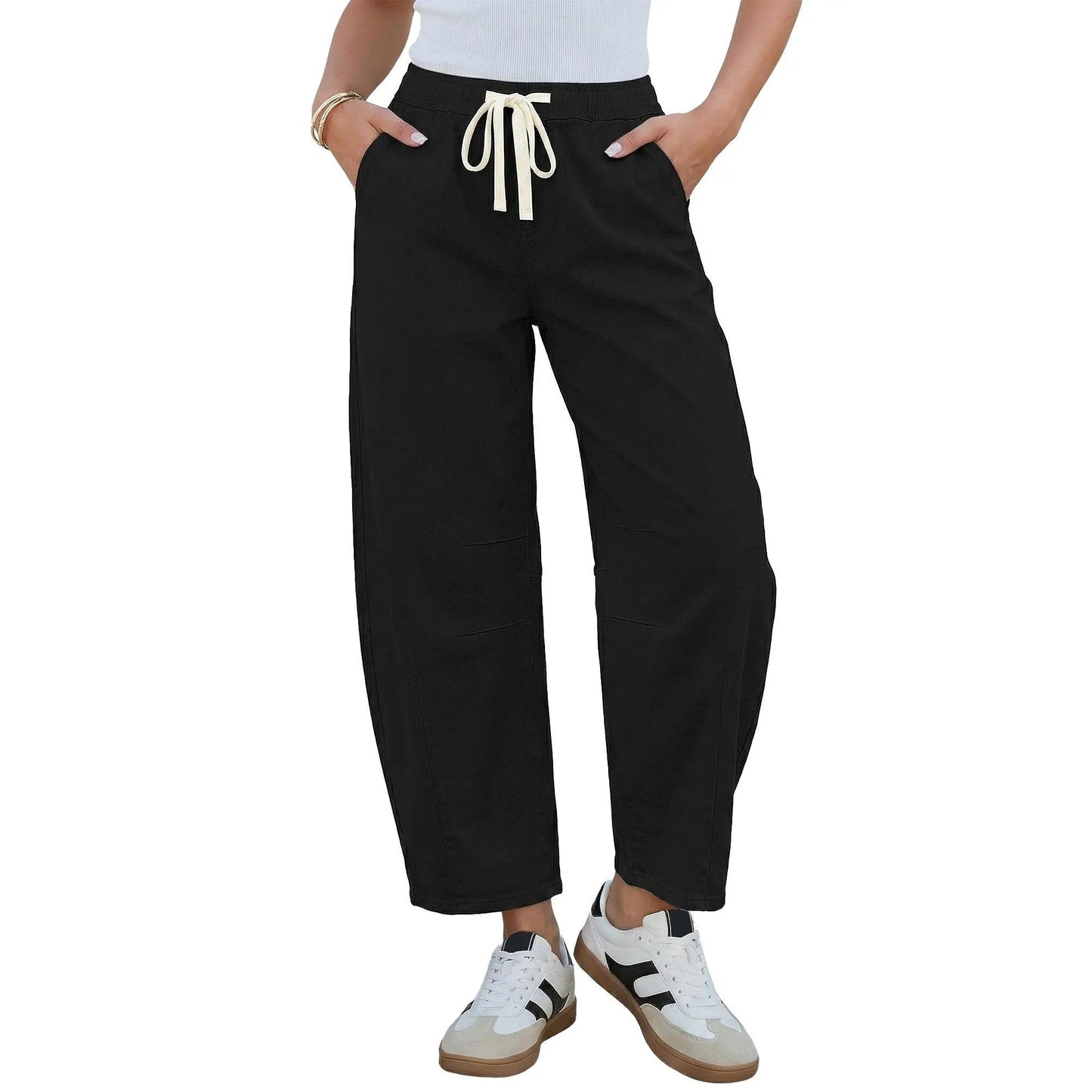 Women's Barrel Jeans, High-Rise Elastic Waist Cropped Wide Leg Jeans, Cotton Flex Magic Stretch Denim Pants for Daily Chill Wear