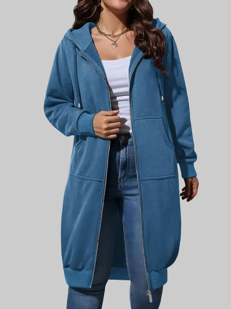 Women's Long Zip Up Fleece Hoodie Jacket - Casual Oversized Hooded Sweatshirt with Front Pockets, Soft Warm Tunic Length Coat