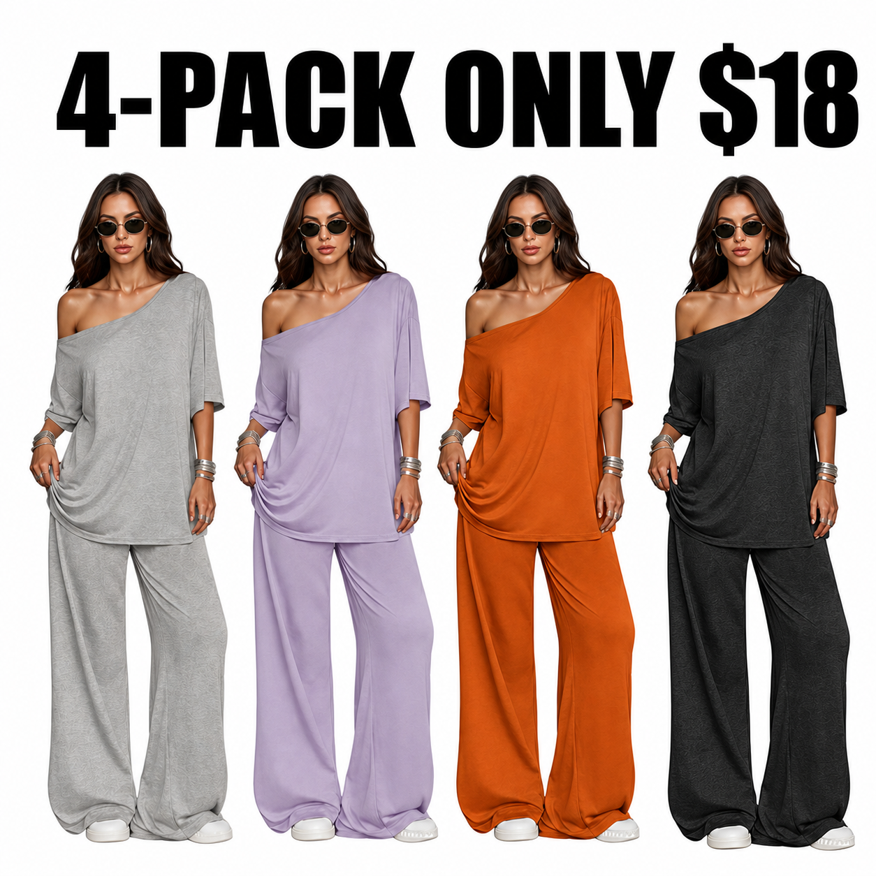 Women's 2-Piece Set-Shoulder T-Shirt And Wide Leg Pants Two Pieces Outfits