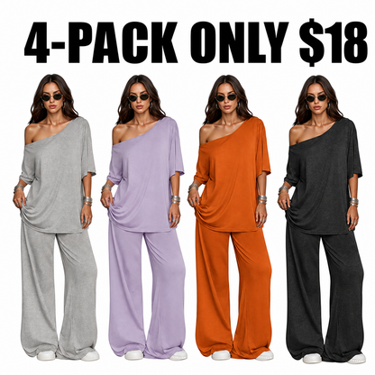 Women's 2-Piece Set-Shoulder T-Shirt And Wide Leg Pants Two Pieces Outfits