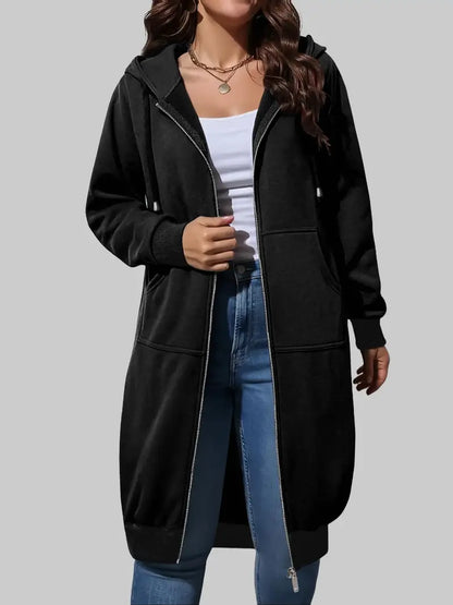 Women's Long Zip Up Fleece Hoodie Jacket - Casual Oversized Hooded Sweatshirt with Front Pockets, Soft Warm Tunic Length Coat