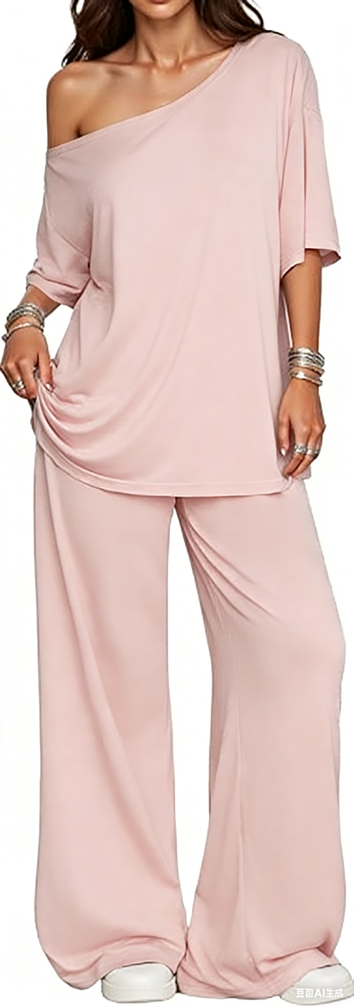 Women's 2-Piece Set-Shoulder T-Shirt And Wide Leg Pants Two Pieces Outfits