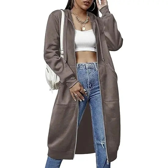Women's Long Zip Up Fleece Hoodie Jacket - Casual Oversized Hooded Sweatshirt with Front Pockets, Soft Warm Tunic Length Coat