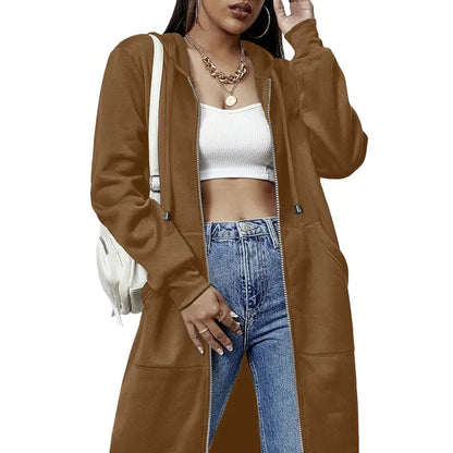 Women's Long Zip Up Fleece Hoodie Jacket - Casual Oversized Hooded Sweatshirt with Front Pockets, Soft Warm Tunic Length Coat