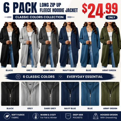 Women's Long Zip Up Fleece Hoodie Jacket - Casual Oversized Hooded Sweatshirt with Front Pockets, Soft Warm Tunic Length Coat
